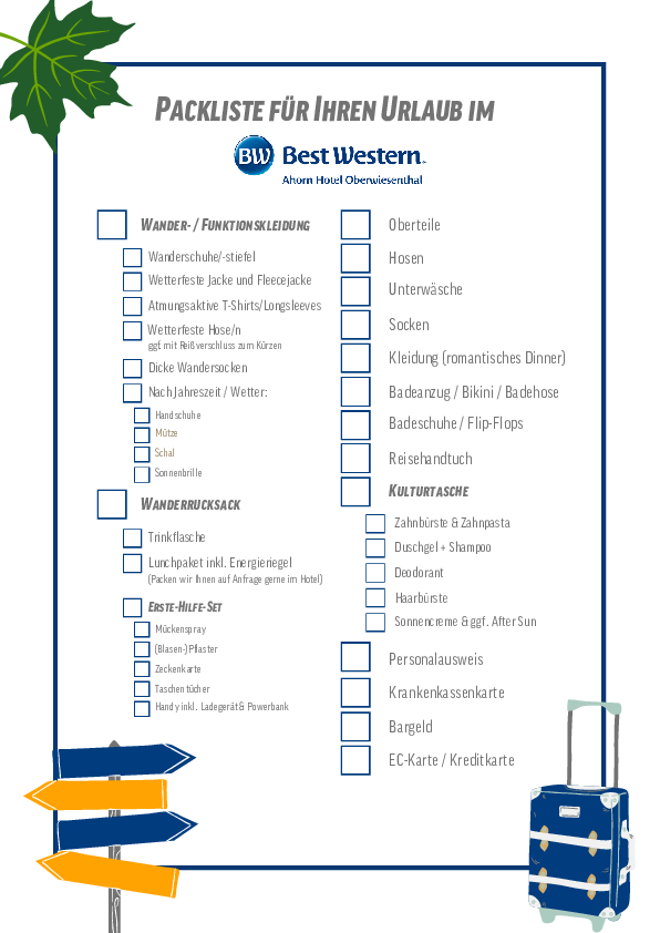 Packliste für Ihren Erwachsenenurlaub Best Western Ahorn Hotel Oberwiesenthal